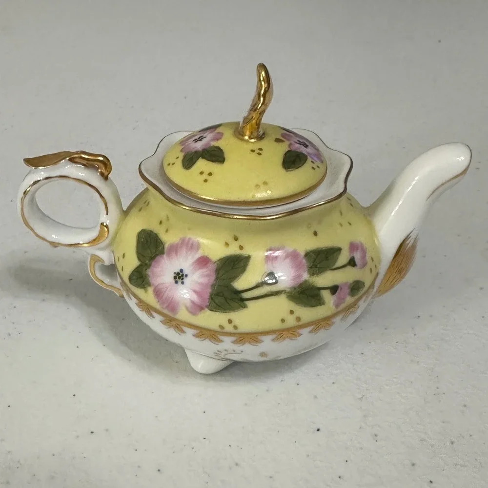 Miniature Decorative Teapot Floral Hand Painted Gold Trim Porcelain Yellow VTG